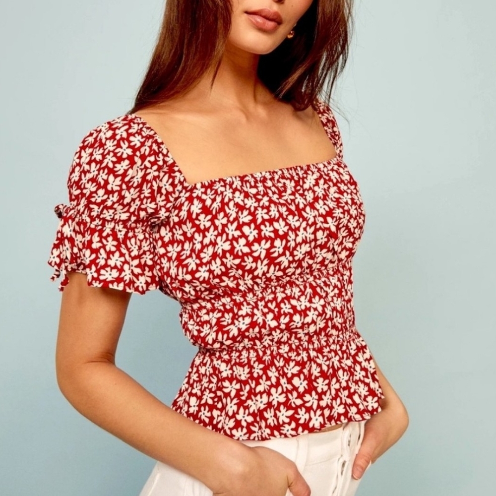 Reformation Solis Red Floral Ruffle Square Neck Top